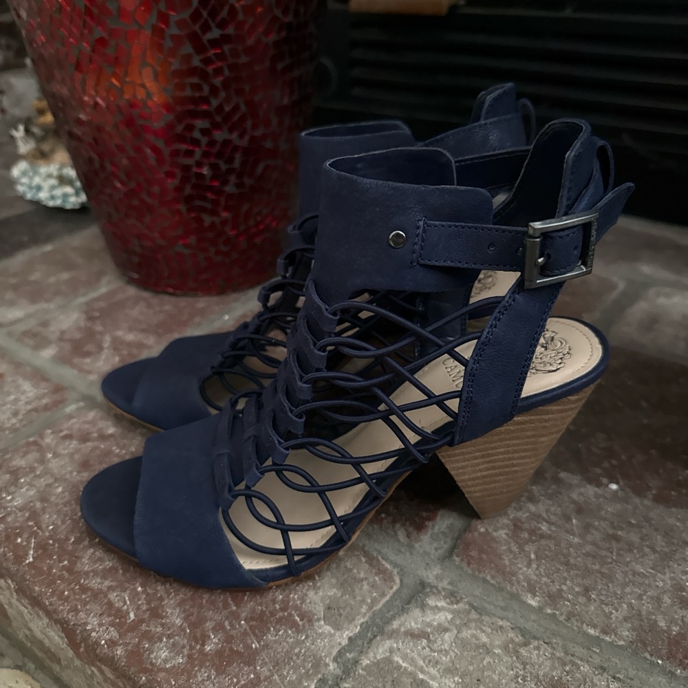 Vince Camuto Evel Caged Wooden Stacked Heel
Sandal Navy Blue Size 7